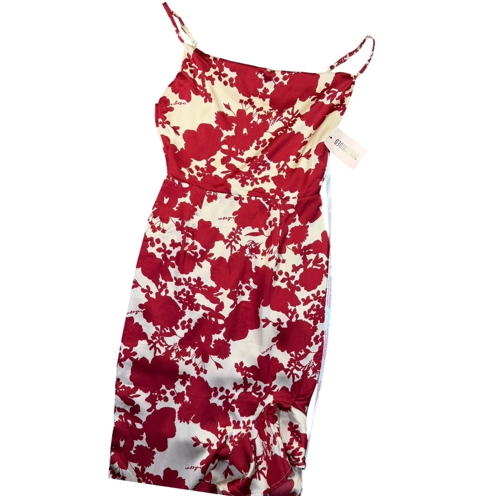 Missguided Floral Midi Dress Womens Size 2 Red Cream Ruffle High Low Cocktail